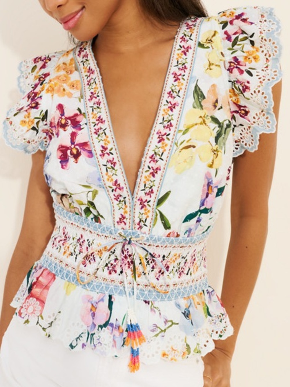 FARM Rio Greek Garden Smocked Floral Eyelet Blouse M